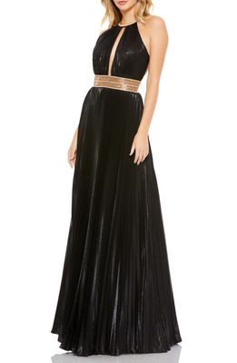 Ieena for Mac Duggal Metallic Halter Neck A-Line Gown in Black