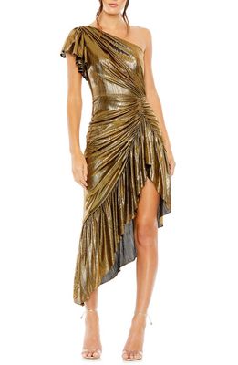 Ieena for Mac Duggal Metallic One-Shoulder Flutter Sleeve Cocktail Dress in Antique Gold