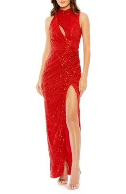 Ieena for Mac Duggal Mock Neck Cutout Sequin Gown in Red