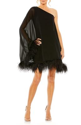 Ieena for Mac Duggal One-Shoulder Feather Trim Cocktail Minidress in Black