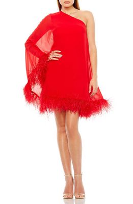Ieena for Mac Duggal One-Shoulder Feather Trim Cocktail Minidress in Red