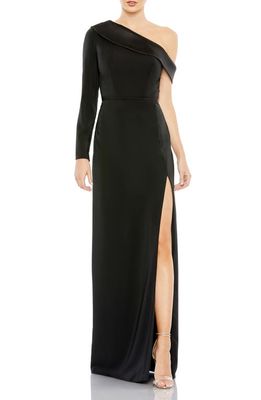 Ieena for Mac Duggal One-Shoulder Jersey Sheath Gown in Black