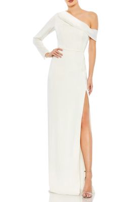 Ieena for Mac Duggal One-Shoulder Jersey Sheath Gown in White