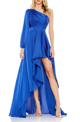 Ieena for Mac Duggal One-Shoulder Long Sleeve Satin High/Low Gown in Cobalt