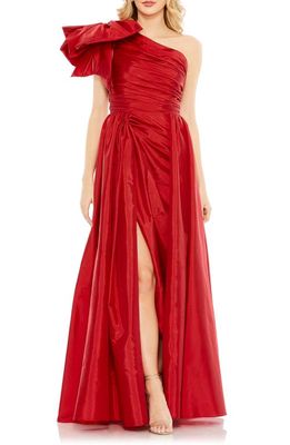 Ieena for Mac Duggal Oversize Bow One Shoulder A-Line Gown in Burgundy