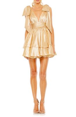 Ieena for Mac Duggal Oversize Bows Plunge Tiered Satin Cocktail Minidress in Pale Gold