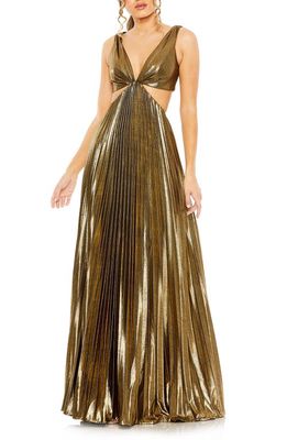 Ieena for Mac Duggal Pleated Cutout Gown in Antique Gold