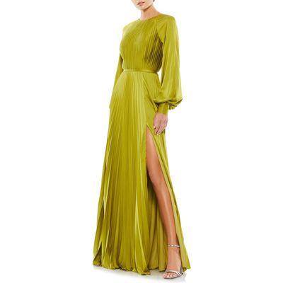 Ieena for Mac Duggal Pleated Long Sleeve Satin A-Line Gown in Apple Green 