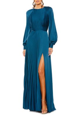 Ieena for Mac Duggal Pleated Long Sleeve Satin A-Line Gown in Peacock