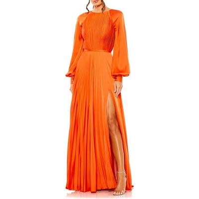 Ieena for Mac Duggal Pleated Long Sleeve Satin A-Line Gown in Sunset