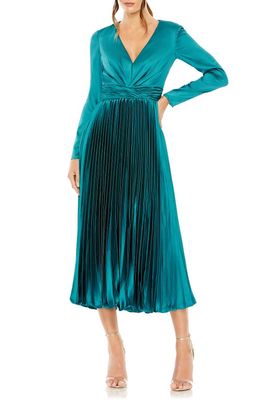 Ieena for Mac Duggal Pleated Long Sleeve Satin Midi Dress in Teal