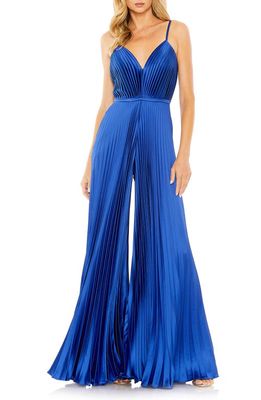 Ieena for Mac Duggal Pleated Satin Wide Leg Jumpsuit in Royal