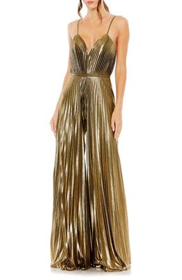 Ieena for Mac Duggal Pleated V-Neck Jumpsuit in Antique Gold