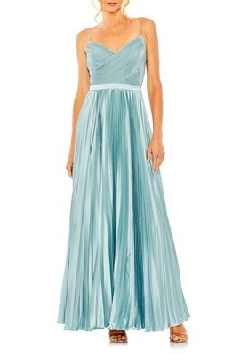 Ieena for Mac Duggal Plissé Bodice Pleated Satin Gown in French Blue