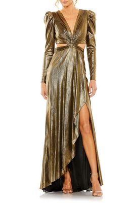 Ieena for Mac Duggal Princess Sleeve Cutout Metallic Gown in Antique Gold