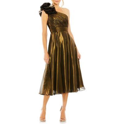 Ieena for Mac Duggal Rosette One-Shoulder Iridescent A-Line Dress in Antique Gold