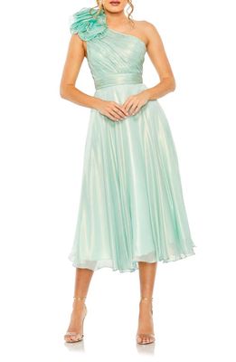 Ieena for Mac Duggal Rosette One-Shoulder Iridescent A-Line Dress in Sage