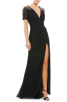 Ieena for Mac Duggal Ruched V-Neck Gown in Black 