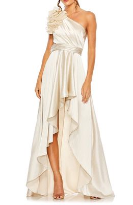 Ieena for Mac Duggal Ruffle Cutout One-Shoulder High-Low Satin Gown in Oyster