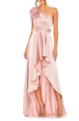 Ieena for Mac Duggal Ruffle Cutout One-Shoulder High-Low Satin Gown in Rose