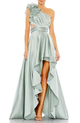 Ieena for Mac Duggal Ruffle Cutout One-Shoulder High-Low Satin Gown in Sage