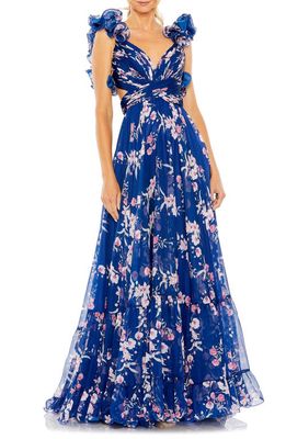 Ieena for Mac Duggal Ruffle Floral Gown in Blue Multi