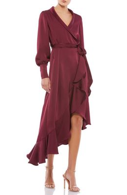 Ieena for Mac Duggal Ruffle Long Sleeve Faux Wrap Dress in Wine