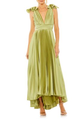 Ieena for Mac Duggal Ruffle Shoulder Plissé Gown in Apple Green