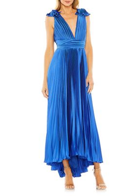 Ieena for Mac Duggal Ruffle Shoulder Plissé Gown in Cobalt