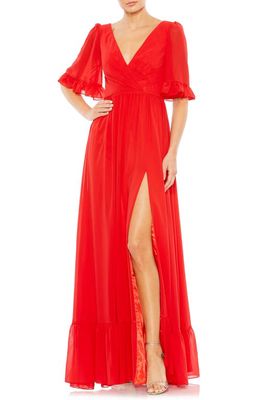 Ieena for Mac Duggal Ruffle Trim Faux Wrap A-Line Gown in Red
