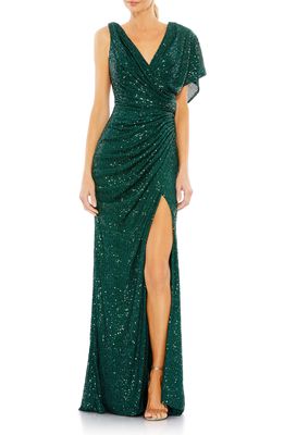 Ieena for Mac Duggal Sequin Asymmetric Trumpet Gown in Emerald