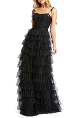 Ieena for Mac Duggal Sequin Bustier Tier Tulle Gown in Black