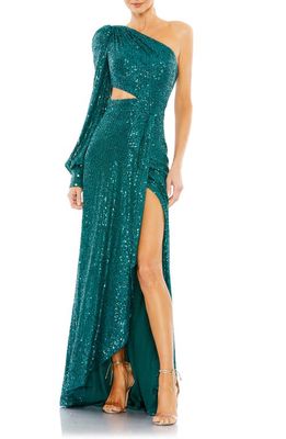 Ieena for Mac Duggal Sequin Cutout One-Shoulder Gown in Teal