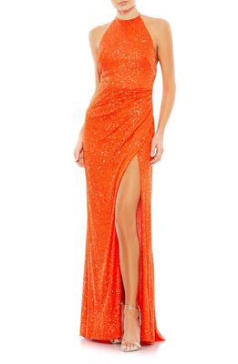 Ieena for Mac Duggal Sequin Halter Gown in Tangerine