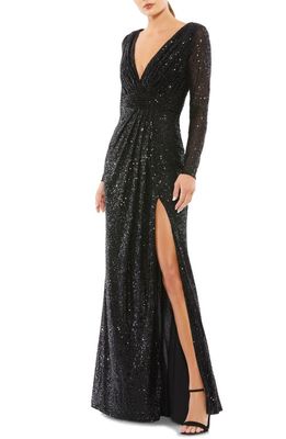 Ieena for Mac Duggal Sequin Long Sleeve Faux Wrap Gown in Black 