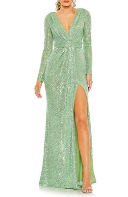 Ieena for Mac Duggal Sequin Long Sleeve Faux Wrap Gown in Green