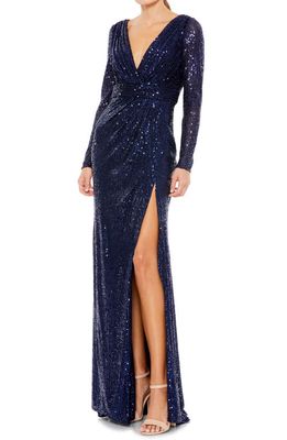 Ieena for Mac Duggal Sequin Long Sleeve Faux Wrap Gown in Midnight 