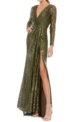 Ieena for Mac Duggal Sequin Long Sleeve Faux Wrap Gown in Olive