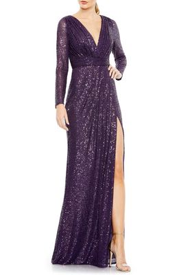 Ieena for Mac Duggal Sequin Long Sleeve Faux Wrap Gown in Purple 