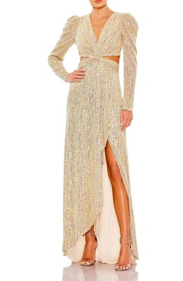 Ieena for Mac Duggal Sequin Puff Sleeve Cutout Gown in Gold