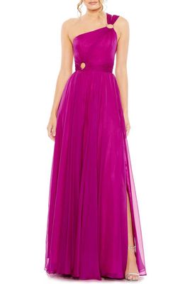 Ieena for Mac Duggal Stappy One-Shoulder A-Line Gown in Magenta