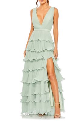 Ieena for Mac Duggal Tiered Ruffle A-Line Gown in Sage