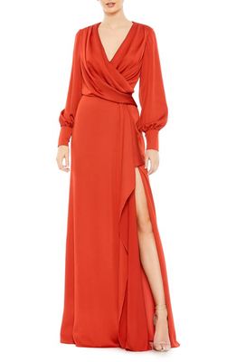 Ieena for Mac Duggal Wrap Front Long Sleeve Satin A-Line Gown in Brick