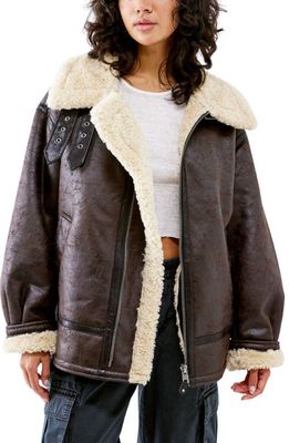 iets frans Faux Leather Longline Aviator Jacket in Chocolate