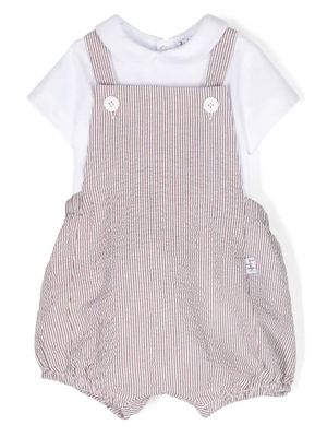 Il Gufo White And Brown Two Piece Set With Seersucker Dungarees