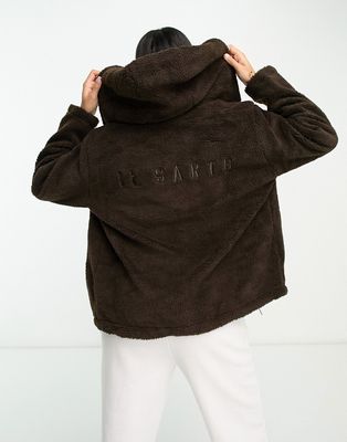 Il Sarto oversized borg jacket with hood in chocolate brown