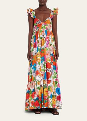 Ileana Flutter-Sleeve Floral Cotton Maxi Dress
