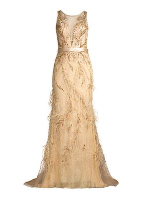 Illusion Burnout Feathered Sleeveless Gown
