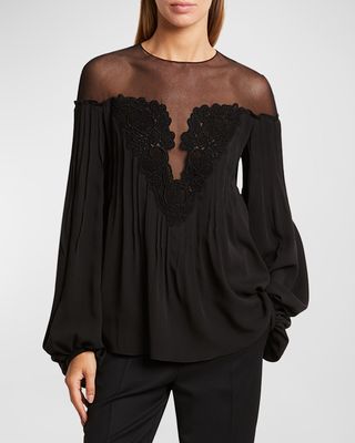 Illusion Silk Top with Lace Detail