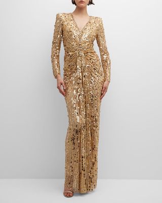 Imani Beaded Plunging Strong-Shoulder Gown